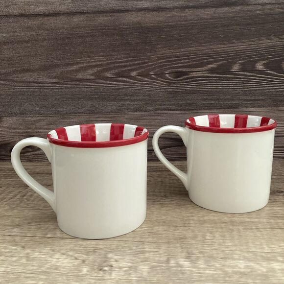 Set of 2 Starbucks Holiday 2007 Joy Mugs Christmas Peppermint Candy Striped 14oz - Picture 3 of 11